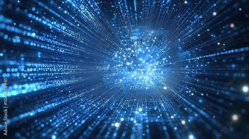 Poster Abstract blue glowing light background with dynamic data transfer and technology concept, showcasing digital information flow and fast internet connection. This 3D rendered illustration features parti