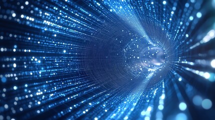 Fototapeta premium Abstract blue glowing light background with dynamic data transfer and technology concept, showcasing digital information flow and fast internet connection. This 3D rendered illustration features parti