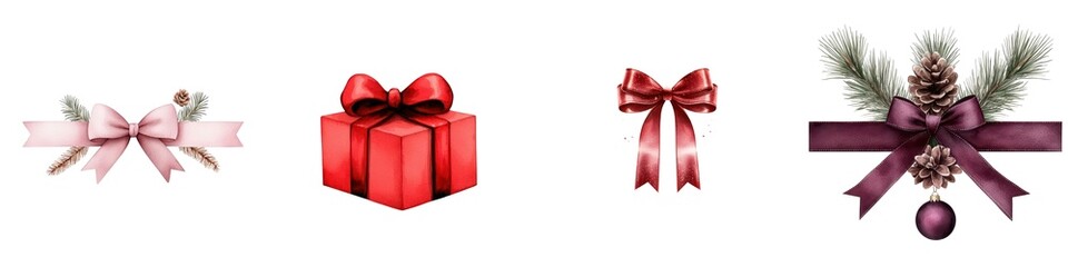 Obraz premium Colorful gift bows and decorations on a white isolated background.