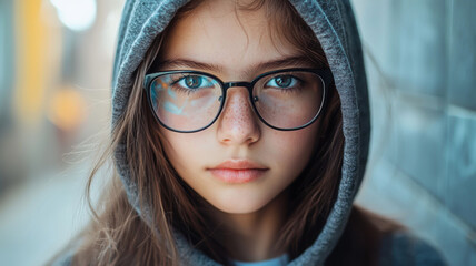 Close-up portrait of a serious teenage girl with glasses, wearing a hoodie, standing in an urban alley, direct gaze into the camera