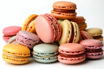 Obraz premium Colorful assortment of macarons piled together on a white surface