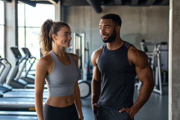 Athletic man and woman wearing workout gear in a modern gym. Treadmills and exercise equipment are visible in the background