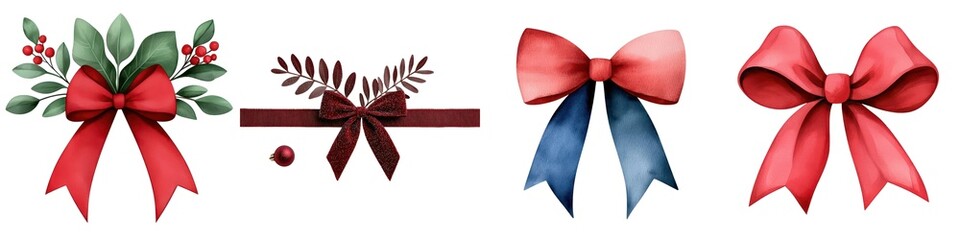 Set of colorful decorative bows with foliage elements on white isolate background.
