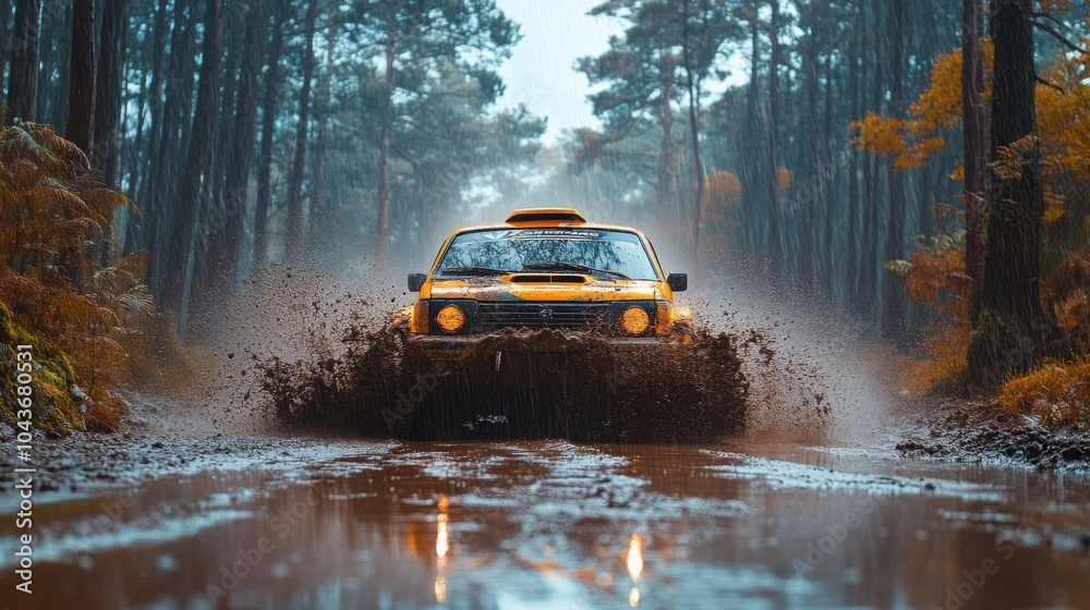Poster a yellow vehicle navigates through a muddy path, creating splashes of water as fall leaves surround 