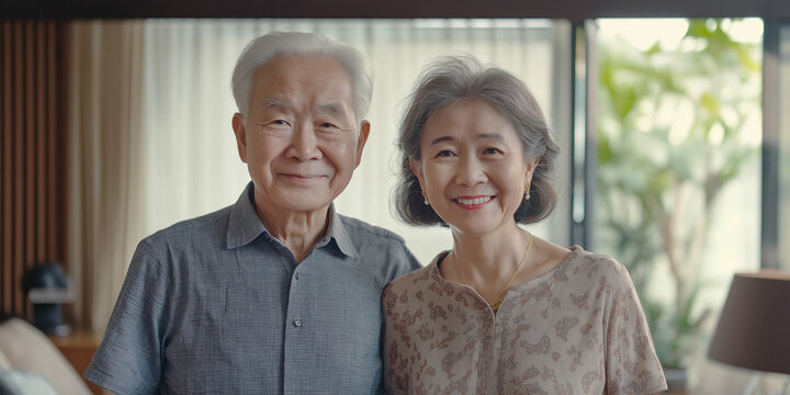 An elderly couple, cheerful, handsome 60-year-old men and women of Asian appearance. They are standing in the living room. International Day of Older Persons concept.