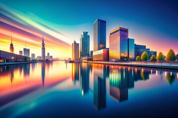 Fototapeta premium Modern Urban Landscape with Clean Lines and Colorful Night Sky