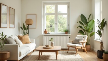 Bright and Cozy Minimalist Living Room with Greenery and Sustainable Design