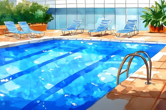 Watercolor Illustration of a Rooftop Pool with Lounge Chairs.