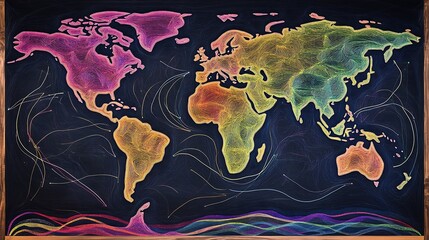 An abstract art interpretation of the world, with a black background. The world's continents are outlined in multi-colored lines against a black background, 