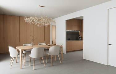 A modern dining room with beautiful wooden elements and elegant lighting