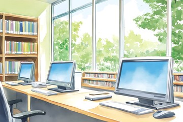 Fototapeta premium Watercolor Illustration of a Library Study Room with Computers and Bookshelves.