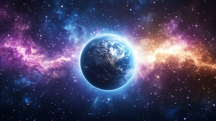 Naklejka premium Earth glowing in space with luminous light streaks and surrounding cosmic dust