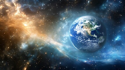 Obraz premium Earth surrounded by swirling space dust and glowing light streaks in a cosmic setting