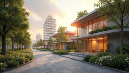 Obraz premium Forward-Thinking Urban Design: Blending Tradition with Futuristic Architecture at Golden Hour