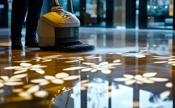 A man is cleaning the floor with a machine in a hotel lobby. The close-up view shows the worker washing the marble surface in a modern business center interior. 