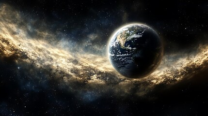 Fototapeta premium Earth in space with glowing light trails and a cloud of space dust encircling it