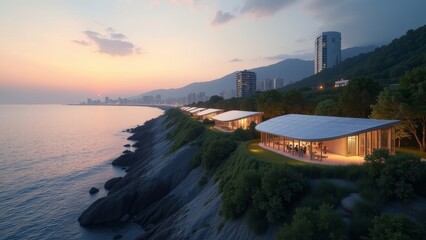 Innovative Coastal Living: Renewable Energy Pods at Dusk
