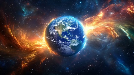 Fototapeta premium Earth floating in space with swirling dust and bright light streaks surrounding it