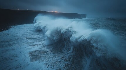 Obraz premium Stormy Night Waves, tumultuous waves crashing against the shore, illuminated by flashes of lightning, creating a dramatic seascape ambiance