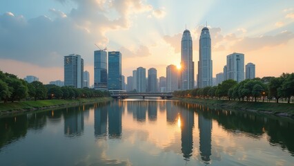 Fototapeta premium Dawn over a Futuristic Skyline: Reflections of an Eco-Friendly City