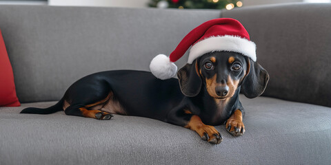 Cute dachshund close-up, dog wearing Santa hat sits on the sofa. New Year, holiday concept. Advertising banner