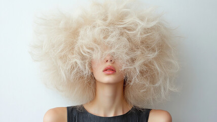 A woman with voluminous, curly blonde hair obscuring her face, exuding sense of mystery and boldness. soft texture contrasts with her sleek black outfit, creating striking visual