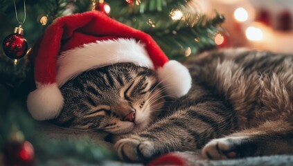Cute Cat Wearing Santa Hat Sleeping Under Christmas Tree - Pet in Christmas-Themed Costume