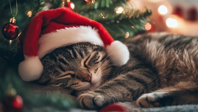 Cute Cat Wearing Santa Hat Sleeping Under Christmas Tree - Pet in Christmas-Themed Costume