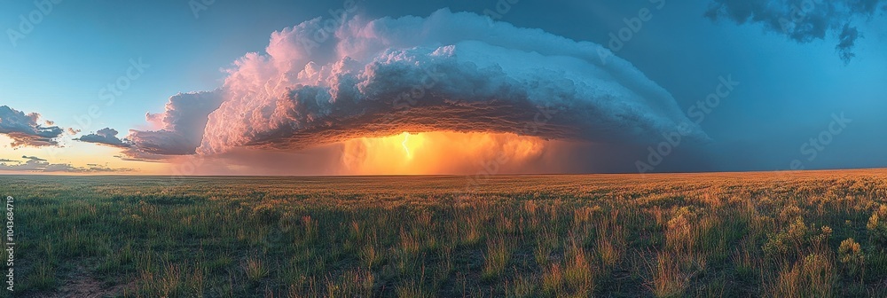 Wall mural Dramatic thunderstorm sweeping across vast prairie, distant lightning illuminating the darkening sky, nature's powerful display unfolds