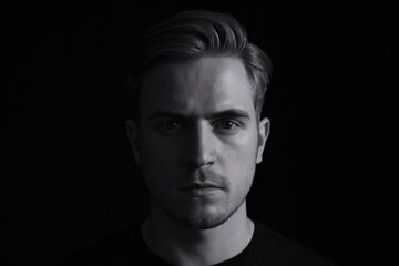 Obraz premium The Gaze of Determination: A man's face emerges from the shadows, his intense stare captivating the viewer. The stark contrast of his expression, illuminated against a dark background.
