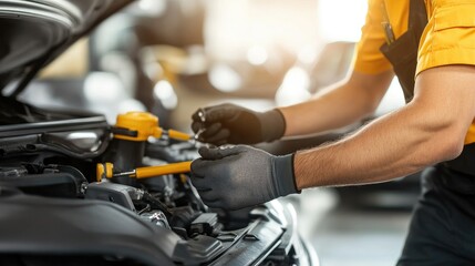 Obraz premium Mechanic Changing Oil in Car Workshop