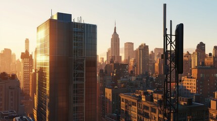 Fototapeta premium A city skyline at sunset featuring modern buildings and iconic architecture.