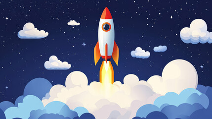 Space rocket launch, dark blue background with clouds. Innovation and startup concept. Space technology and rocket science. 	