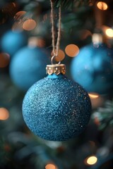 A vibrant blue ornament covered in glitter hangs from a Christmas tree branch, surrounded by softly glowing lights, creating a festive and warm holiday atmosphere.