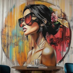 woman in sunglasses mural in cafe 
