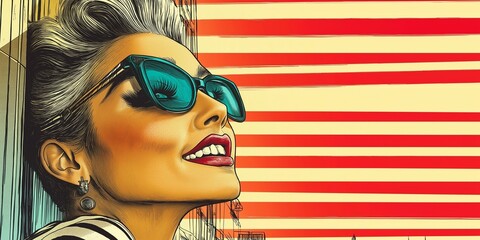 portrait of a woman in sunglasses, pop art style.