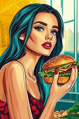 girl with hamburger in pop art style 