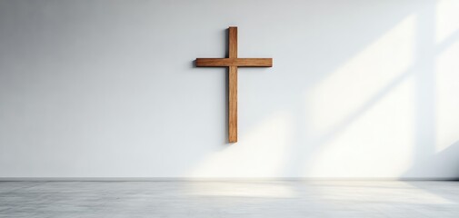 Simple wooden cross on a clean white wall, backlit with a soft, glowing light, creating an atmosphere of reflection and spiritual calm