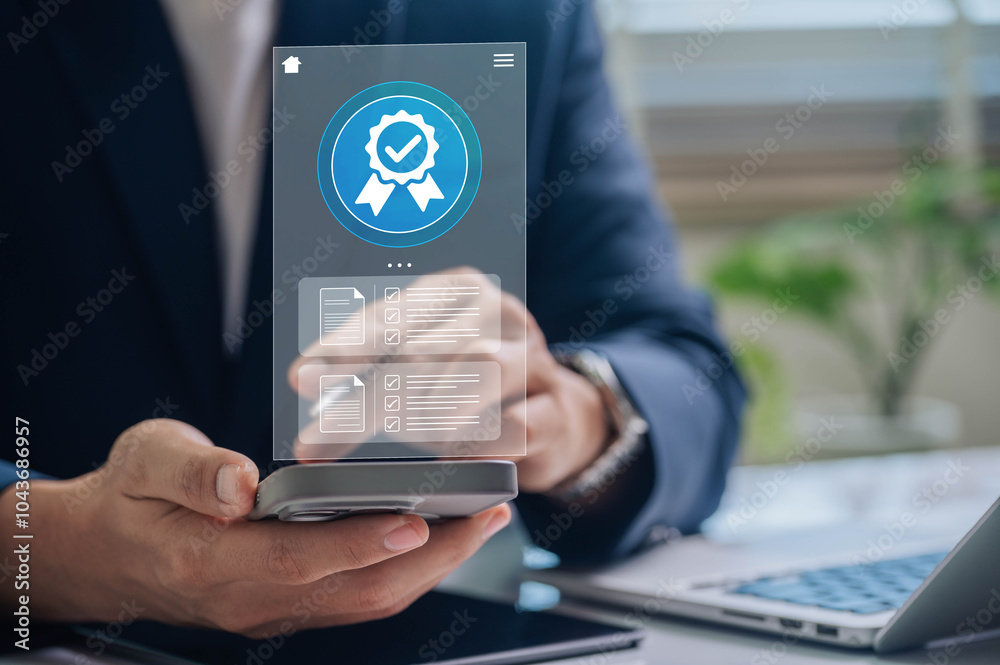 Aufkleber quality certificate and checklist. businessman holding smartphone displaying digital certification a
