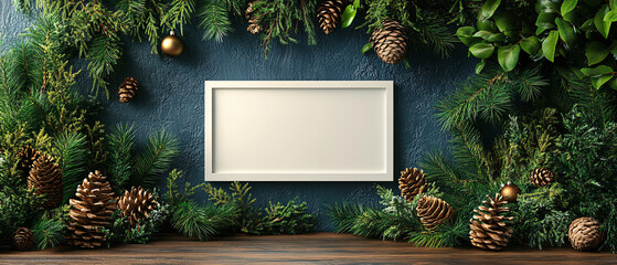 Festive Evergreen Frame Mockup with Pine Cones and Baubles on Blue Wall, Festive Evergreen Frame Mockup with Pine Cones and Baubles on Bl