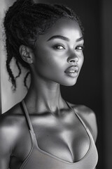 Naklejka premium black and white portrait of a beautiful young woman with freckles wearing a tank top