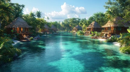 Serene tropical resort with overwater bungalows and clear waters.