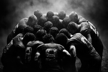 Athletic Rugby Players in Dramatic Huddle of Unity and Determination in Black and White