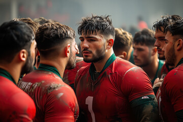 Obraz premium Intense Rugby Team in Red Jerseys Showing Determination and Team Spirit