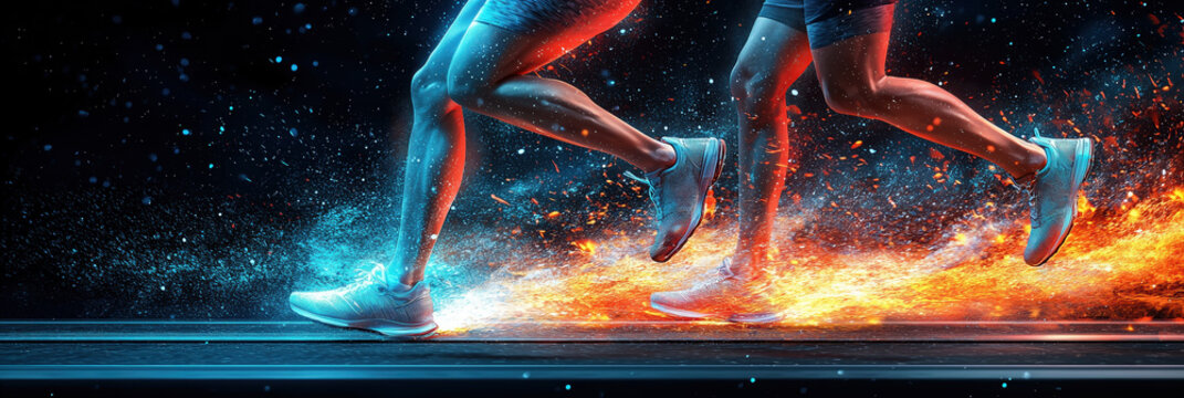 Dynamic Running Motion of Athletic Legs on Fiery Background