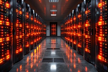 Rows of tall server racks are lined up in a dark data center, illuminated by bright orange lights. The reflective floor enhances the striking colors, creating a futuristic atmosphere. - Powered by Adobe