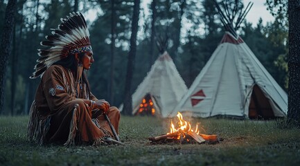 Fototapeta premium A Native American in traditional attire sitting by a campfire at sunset near tipis in a serene outdoor setting