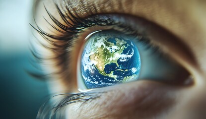 Close-up of an eye with a map of the Earth inside, symbolizing global connection and environmental awareness. 