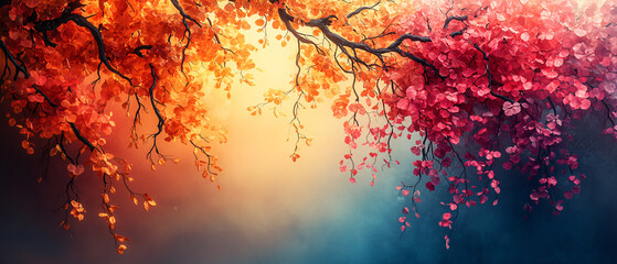 Stunning Autumnal Tree Branches with Orange and Red Leaves on a Misty Background, Stunning Autumnal Tree Branches with Orange and Red Leaves on a