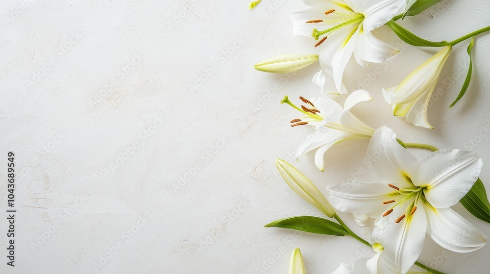 Wall mural A branch of white lilies flowers, a mourning or funeral background, a condolence card with a copy space for your message